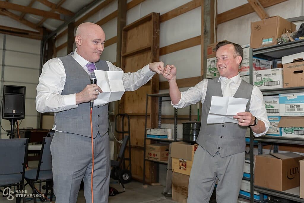 The best man toasts the groom with a participatory play.