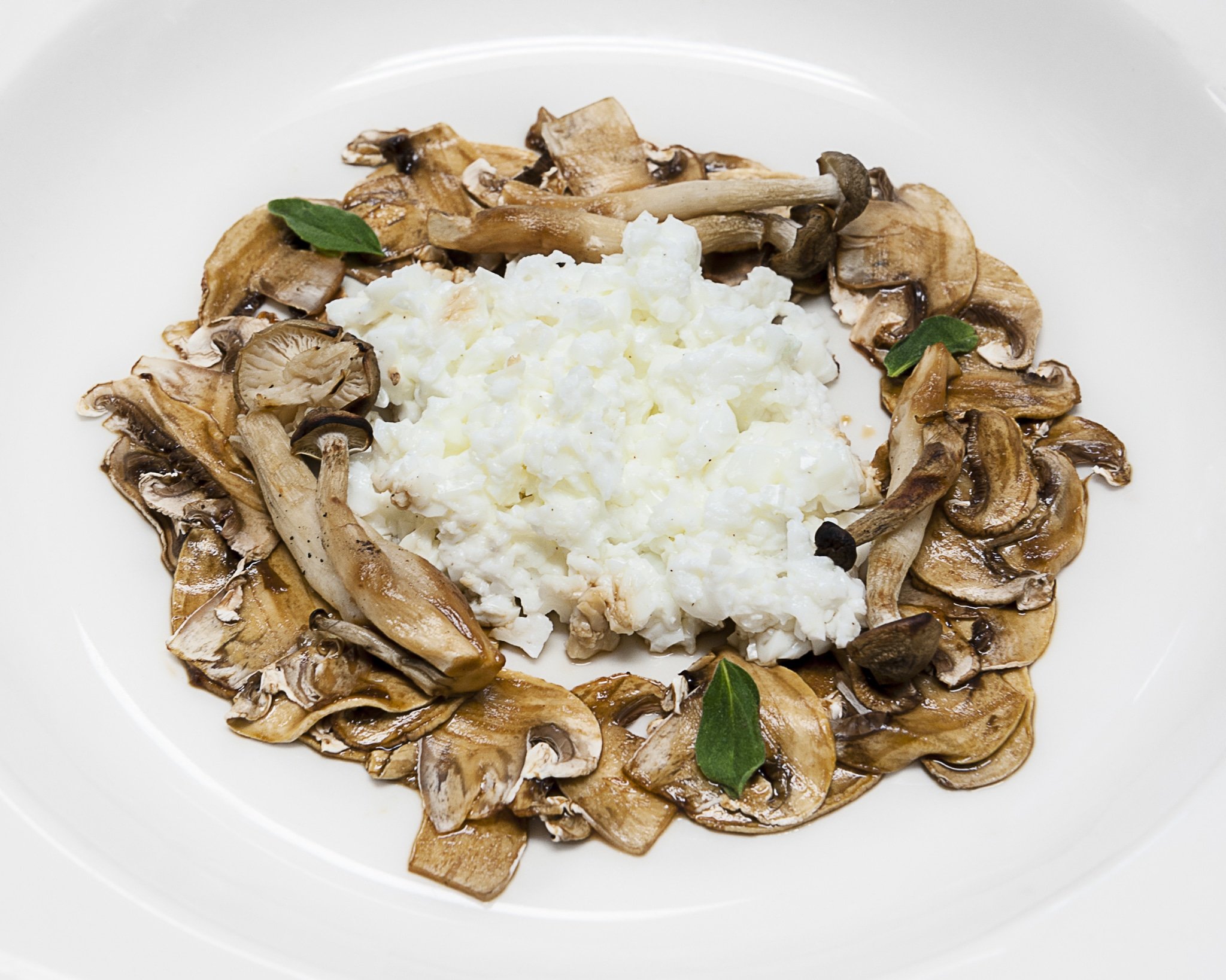 A plate containing a ring of mushrooms.