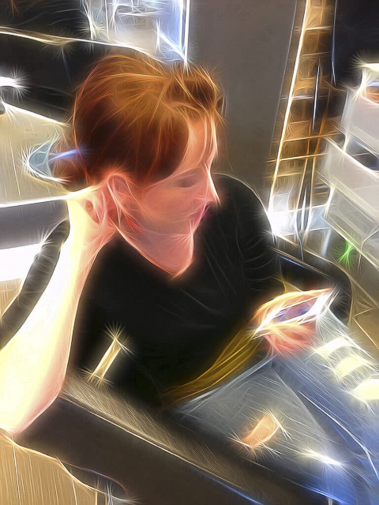 An image of a woman waits in a chair and looks at her cell phone enhanced by the Tangled FX app. The app interprets the image by highlighting lines to give it enhanced texture.