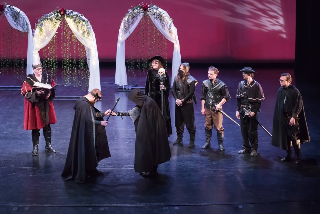 The groom and members of the wedding party on stage during a D&D costumed wedding.