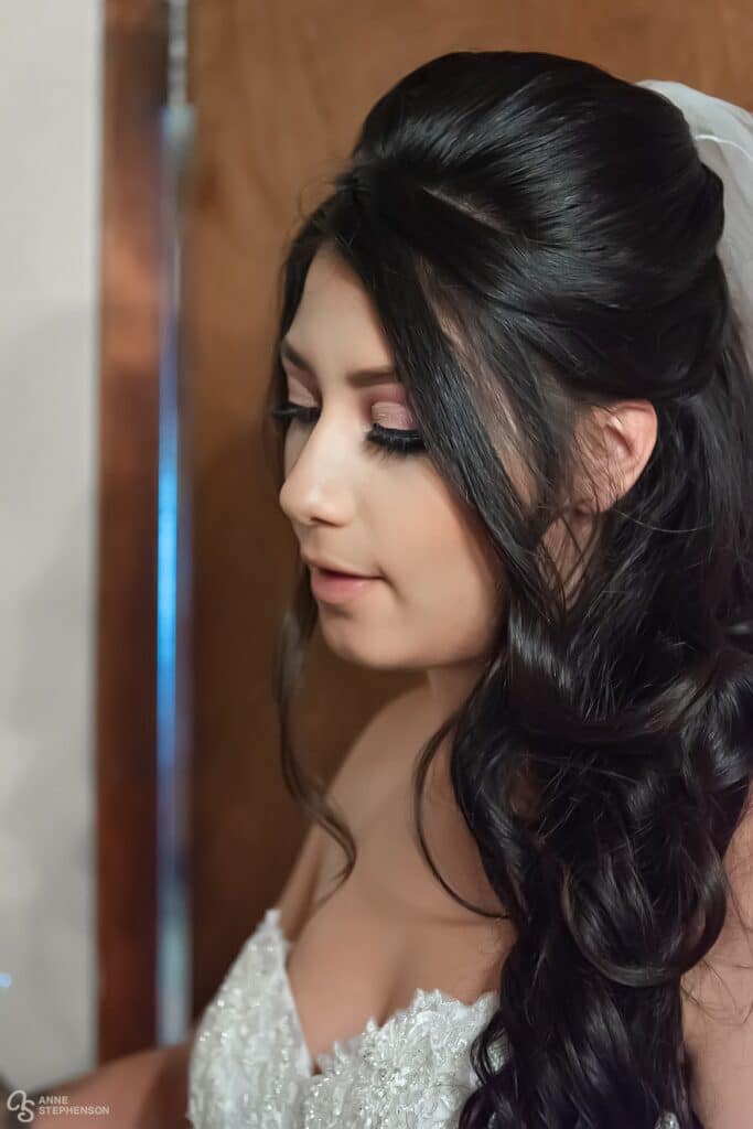 Close up of the side profile of the bride and her long flowing dark hair.