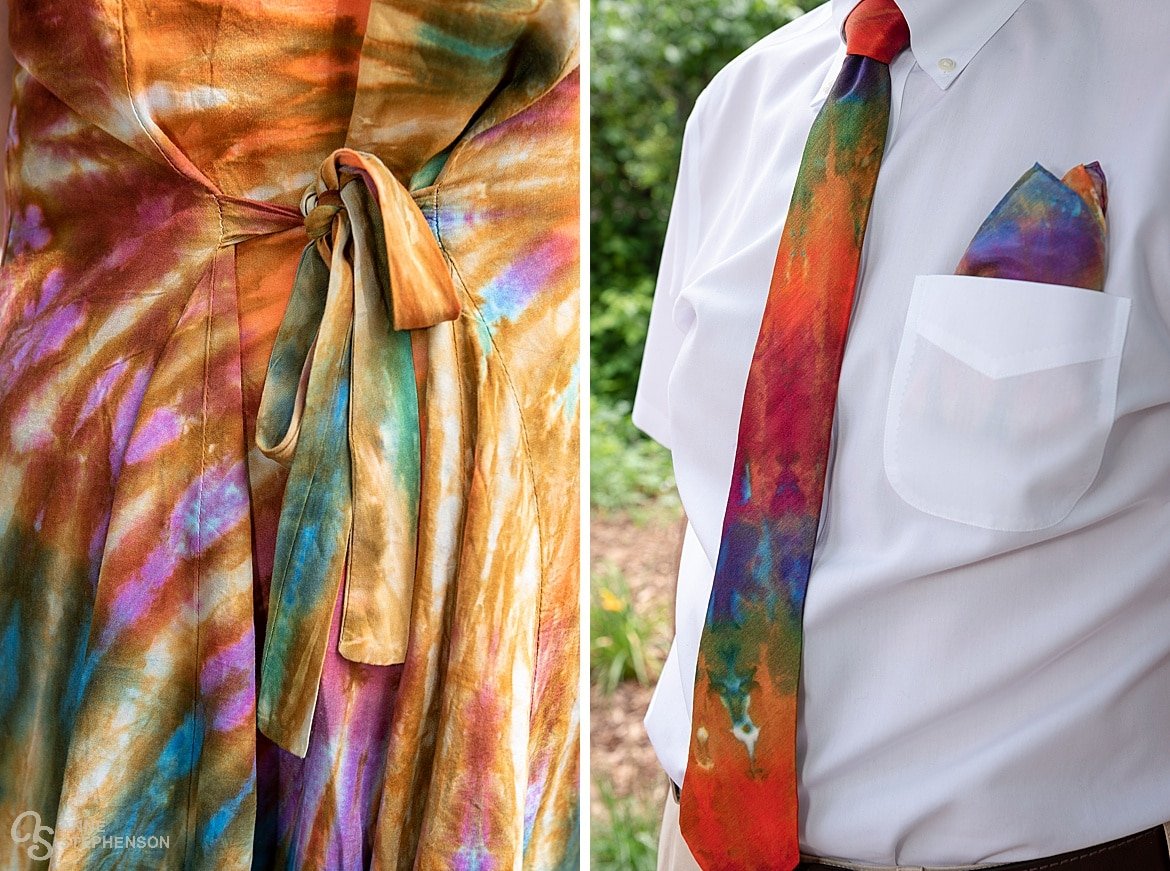 Two images in one panel: Tie-dye details such as the girls bright dresses and the grooms tie with matching pocket scarf made the wedding a warm and beautiful expression of color. Also, these made the perfect attire for the Dead and Company concert following the wedding celebration.