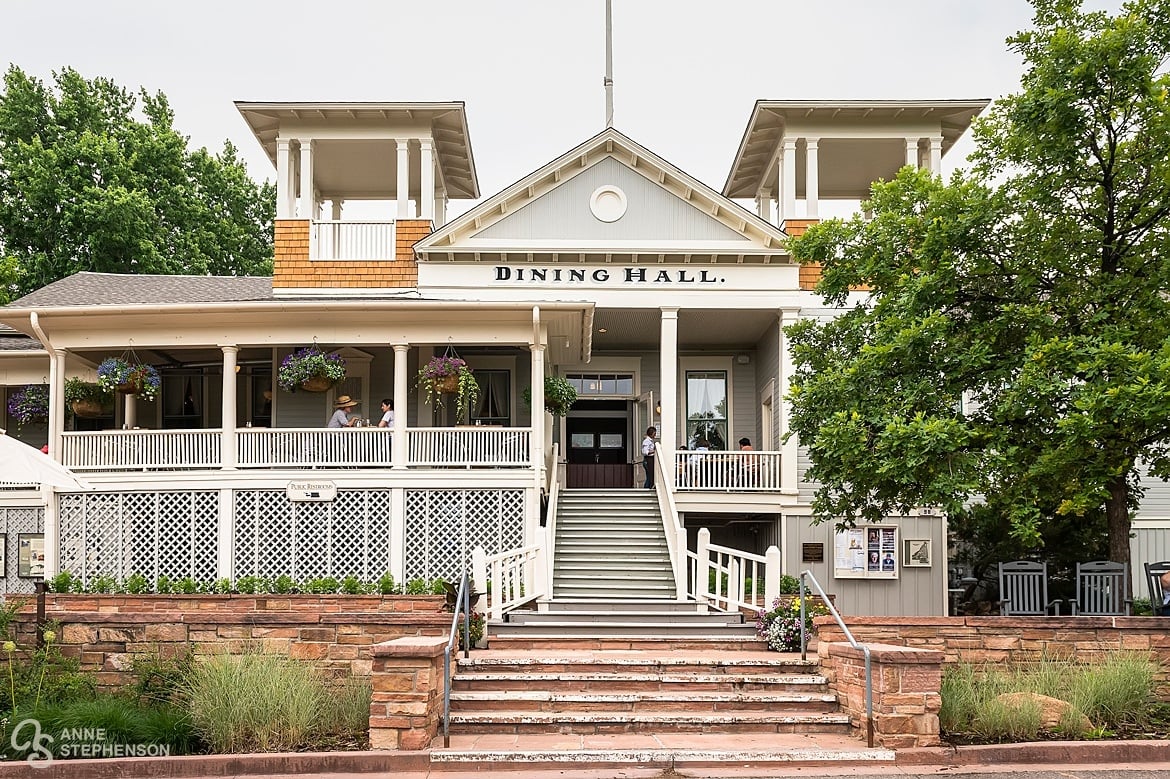 Front wide angle view of the historic Chautauqua Park Dining Hall in Boulder, Colorado.