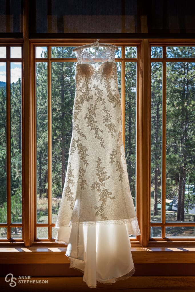 A brides wedding dress framed by the warm wood panels of a window and the pine trees outside.