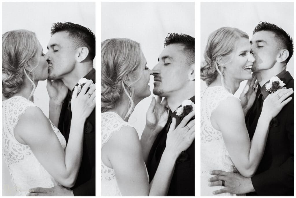 Three panel black and white photograph showing the tender moments during the first kiss.