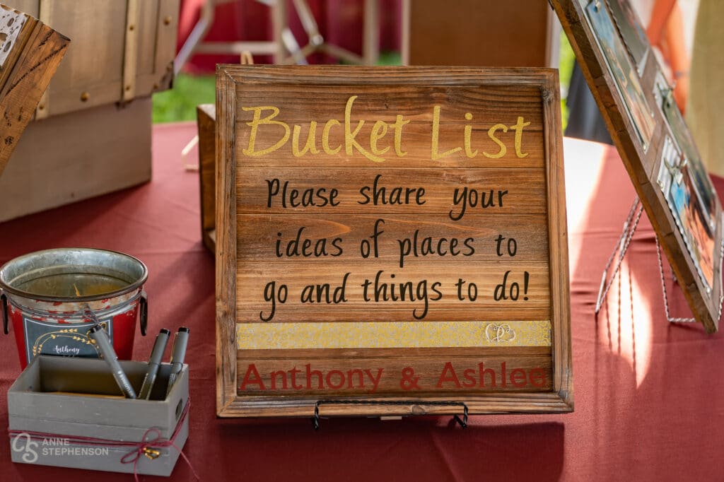 A sign title "Bucket List" asks the guest to share ideas of place to go and things to do.