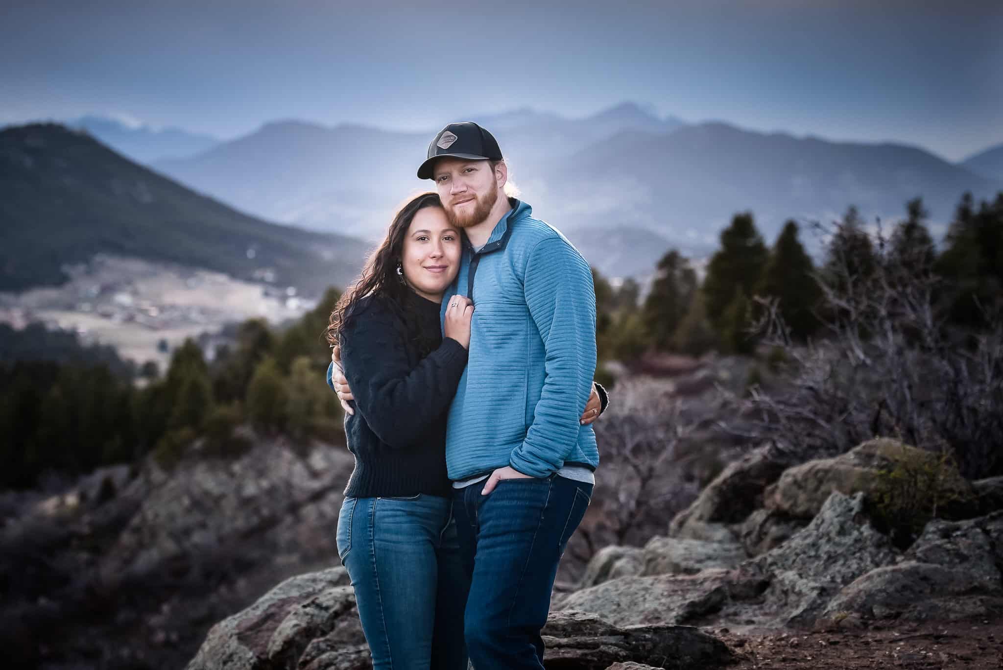 The best engagement photos on Mount Falcon take place at dusk in the spring after the sun goes down during the so-called blue hour.