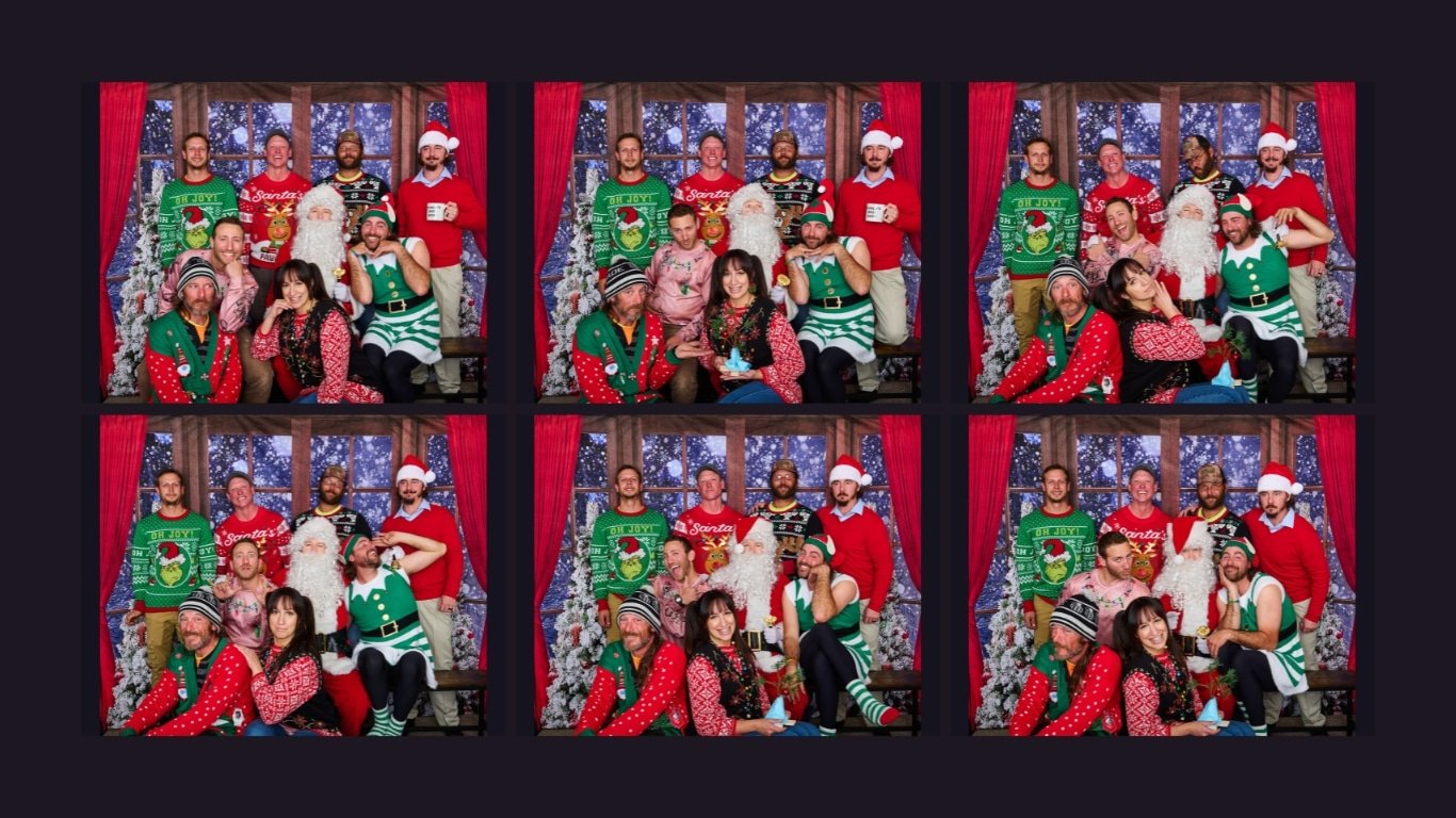 Fun outtakes of a company's holiday card photo with everyone wearing bright and colorful attire inspired by National Lampoon's movie Christmas Vacation.