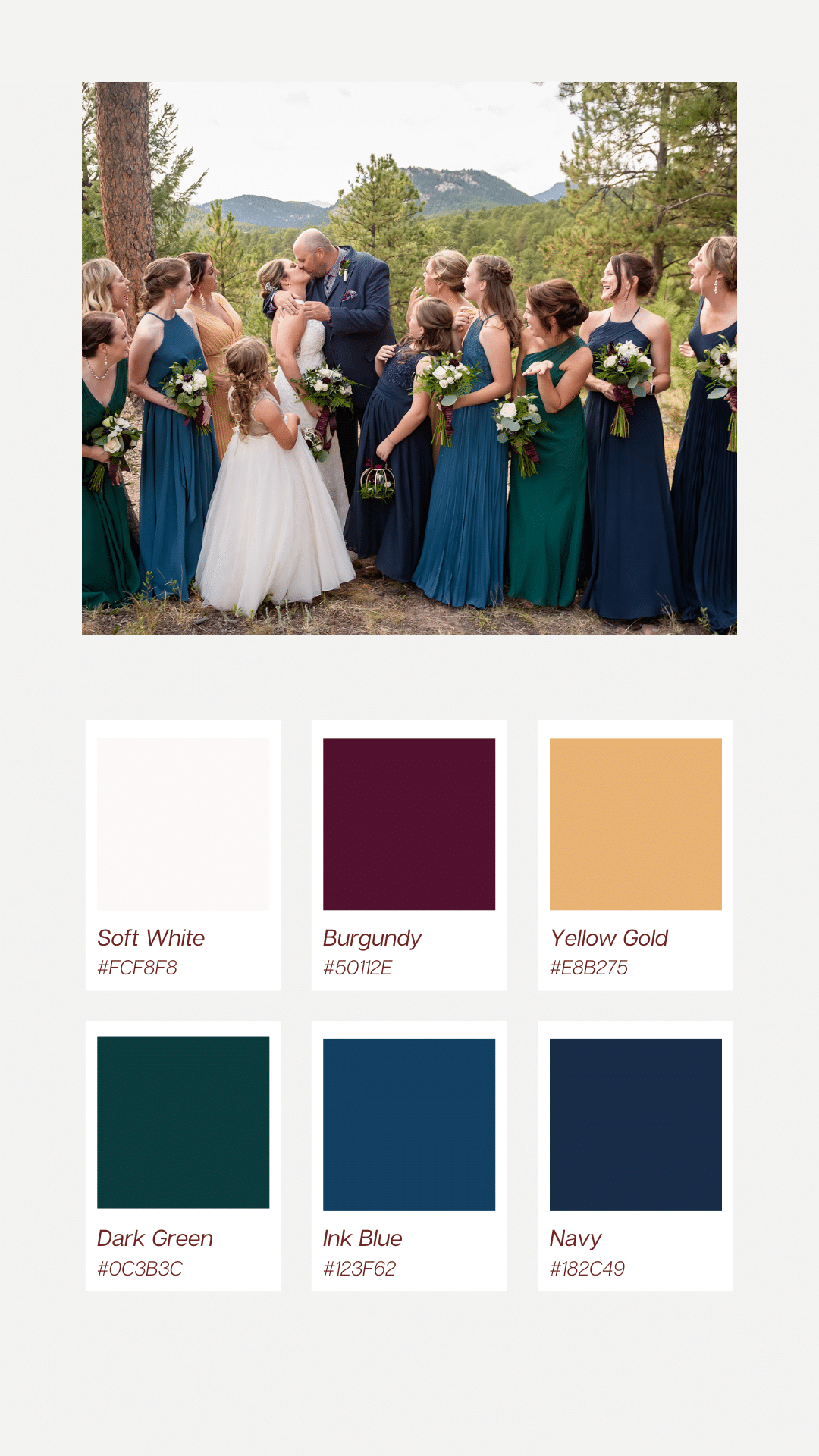 A large wedding party in various jewel tones of burgundy, gold, emerald, and sapphire.