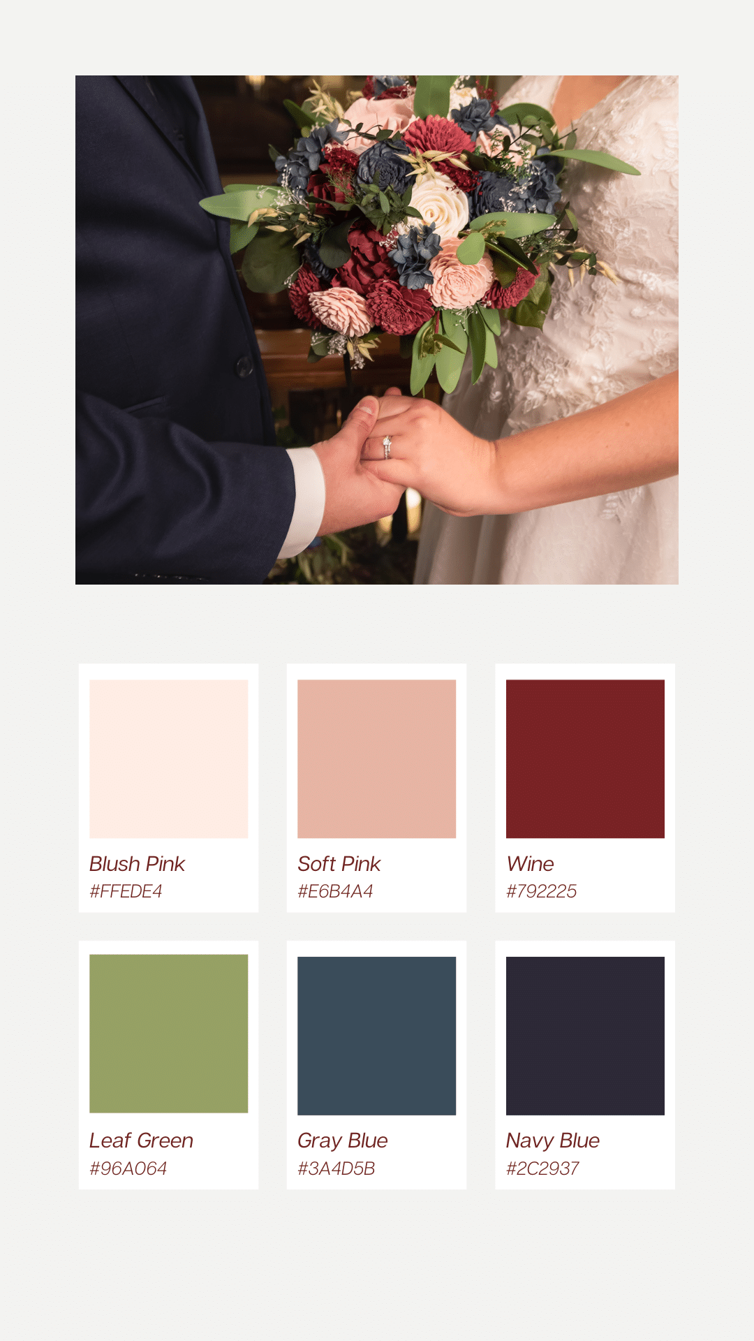 View of a wedding table and a color palette of six color chips including blush pink, soft pink, wine, leaf green, gray blue, navy blue.