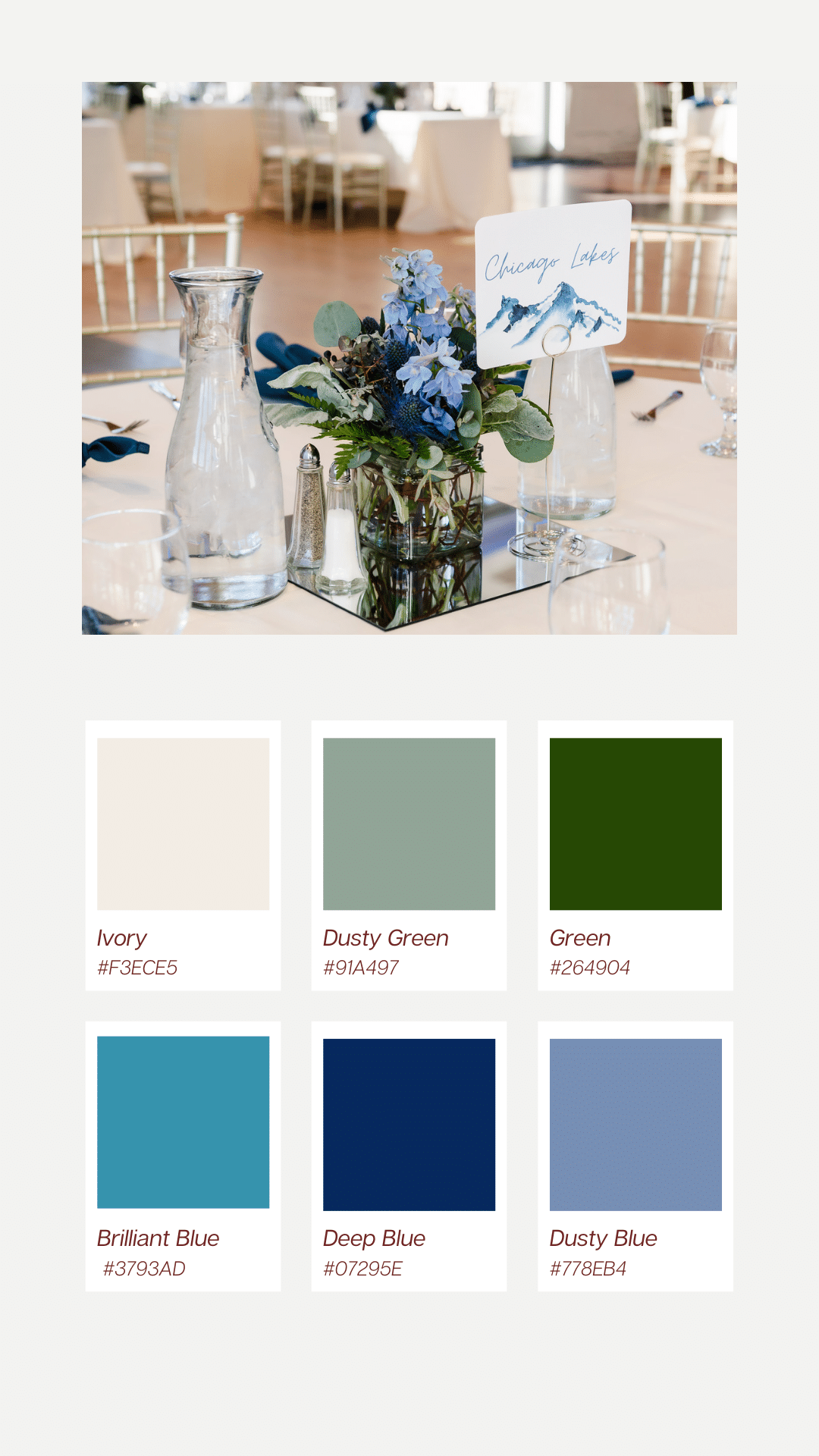 View of a wedding table and a color palette of six color chips including ivory, dusty green, green, brilliant blue, deep blue, and dusty blue.