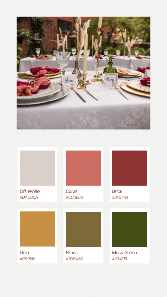 Color chips of a vintage-inspired wedding color palette including off-white, coral, brick, gold, brass, and moss green.