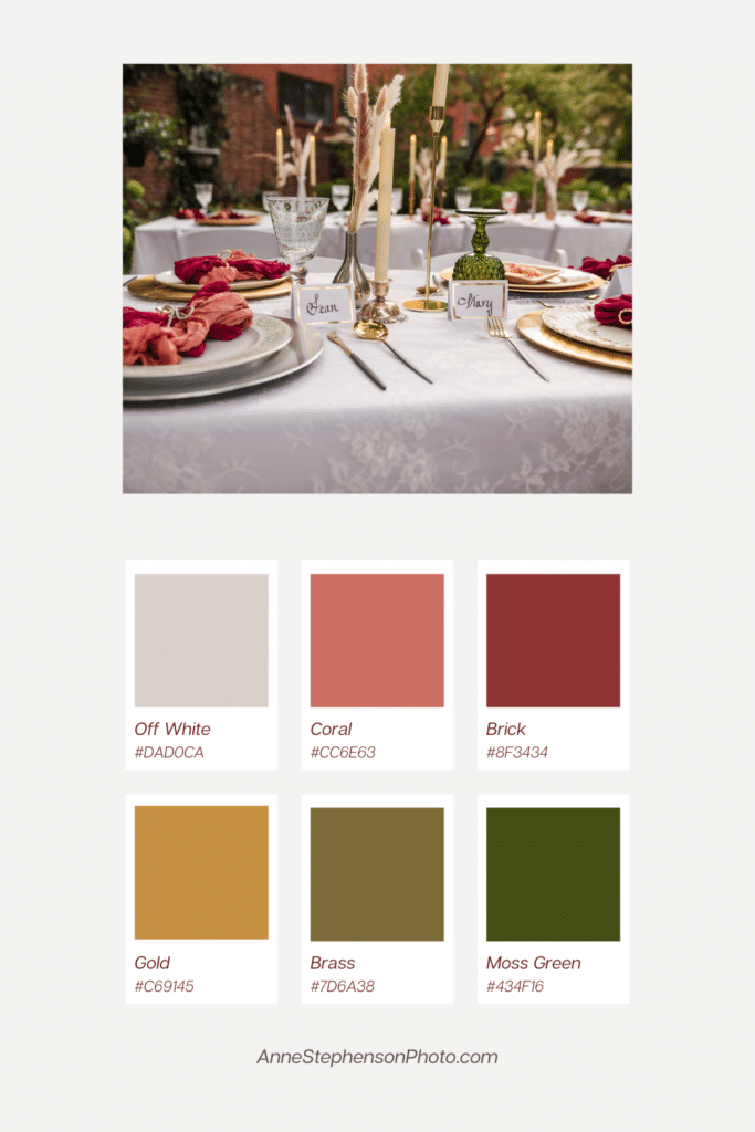 A vintage inspired color scheme with coral, burgundy, mustard, brass, and green.