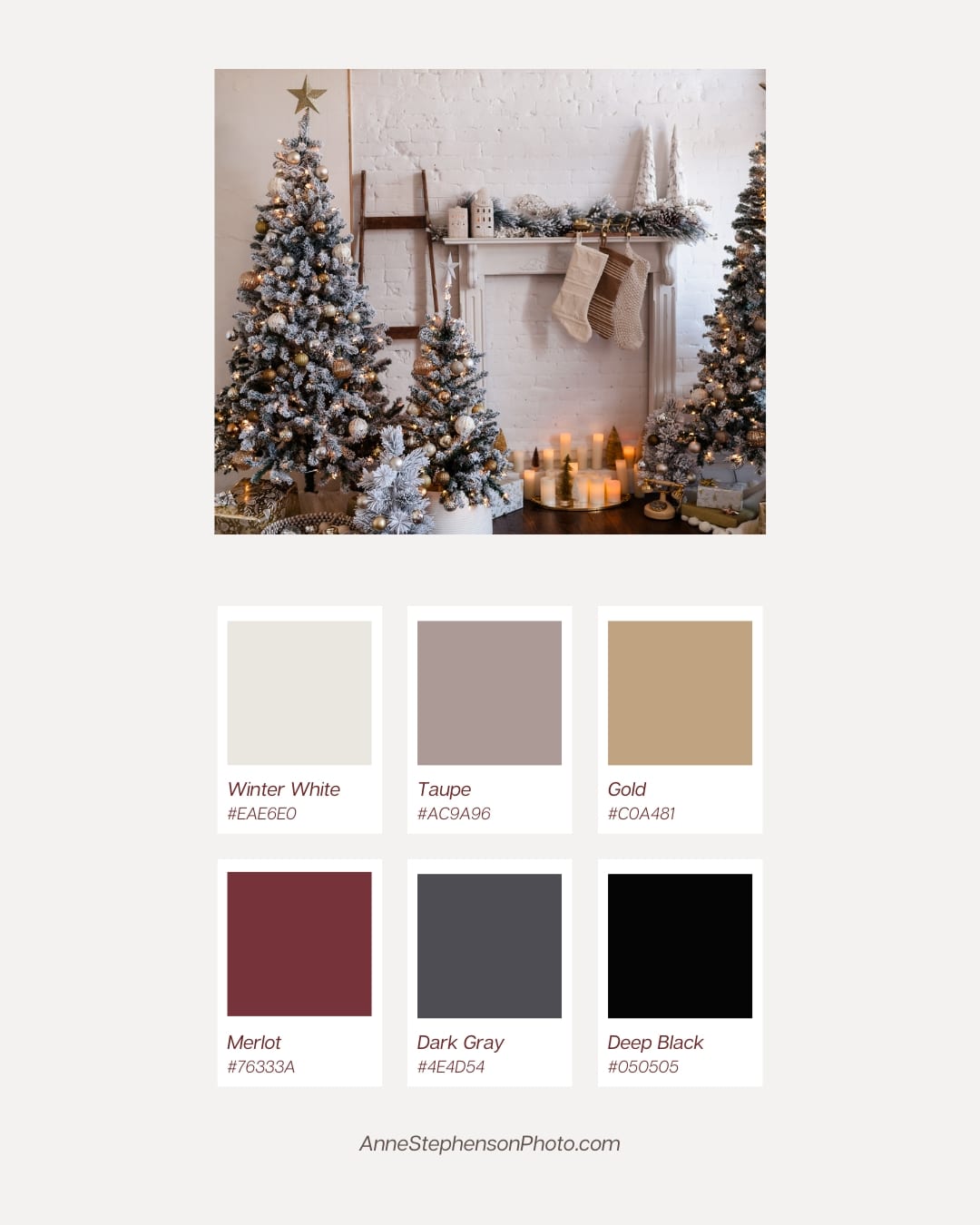 Color chips of various holiday colors to inspire clothing choices: merlot, gray, black, gold, taupe and winter white.