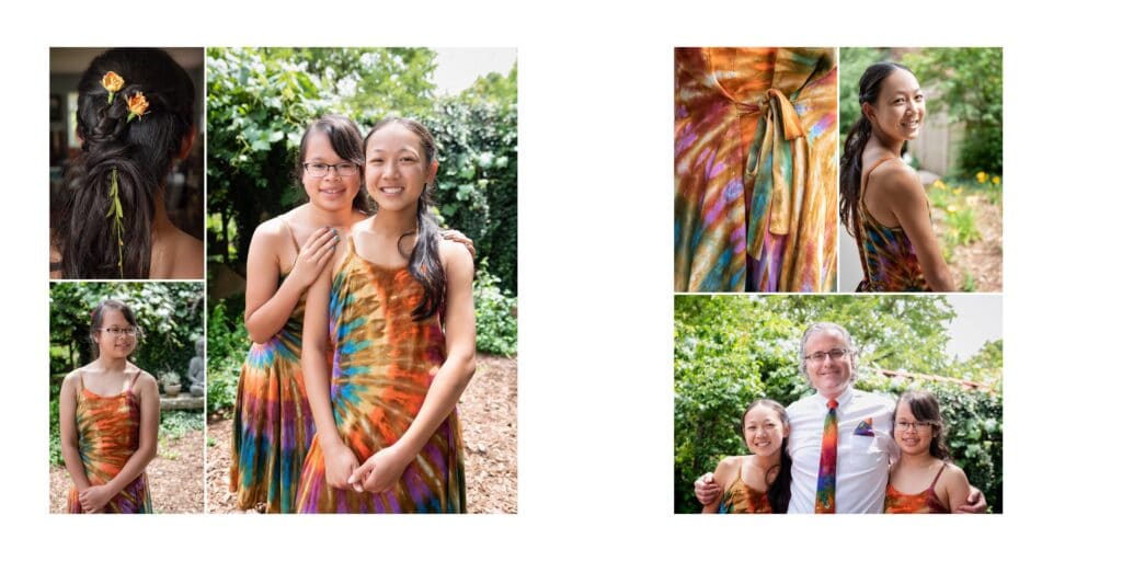 Two page spread of a wedding photo book showing the groom and his daughters in tie-dye dresses in orange, yellow and green. The groom has a matching tie-dye tie and pocket scarf.