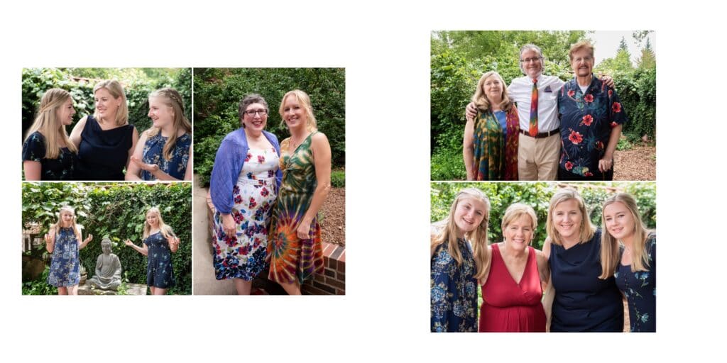 Two page spread of a wedding photo book with family and friends attending a tie-dye themed wedding.
