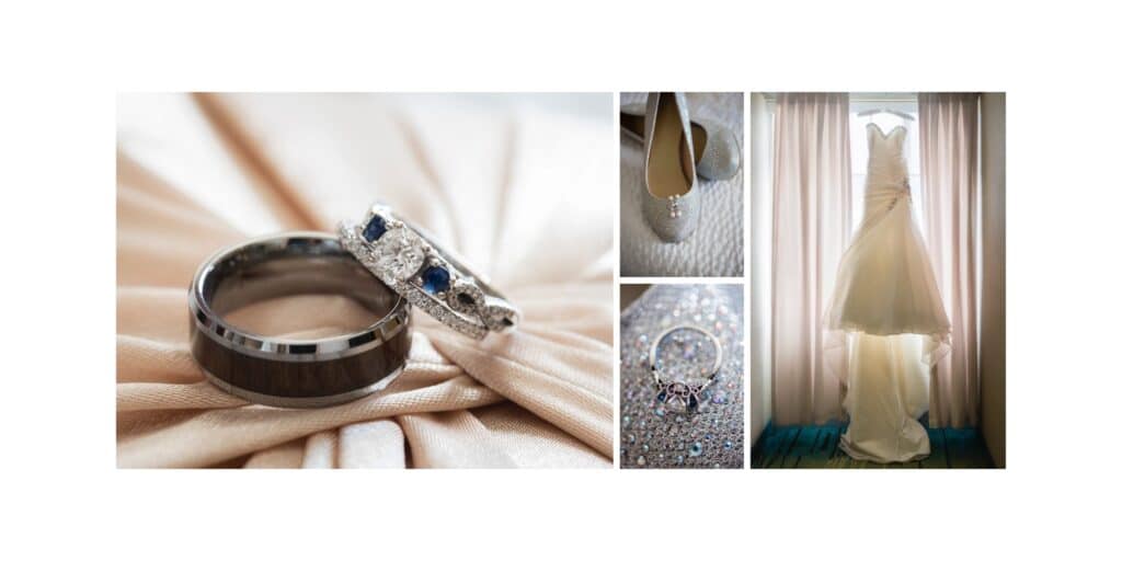 A two-page spread of a wedding album showing the sapphire and wedding ring, shoes, and the bride's dress hanging in the hotel window.