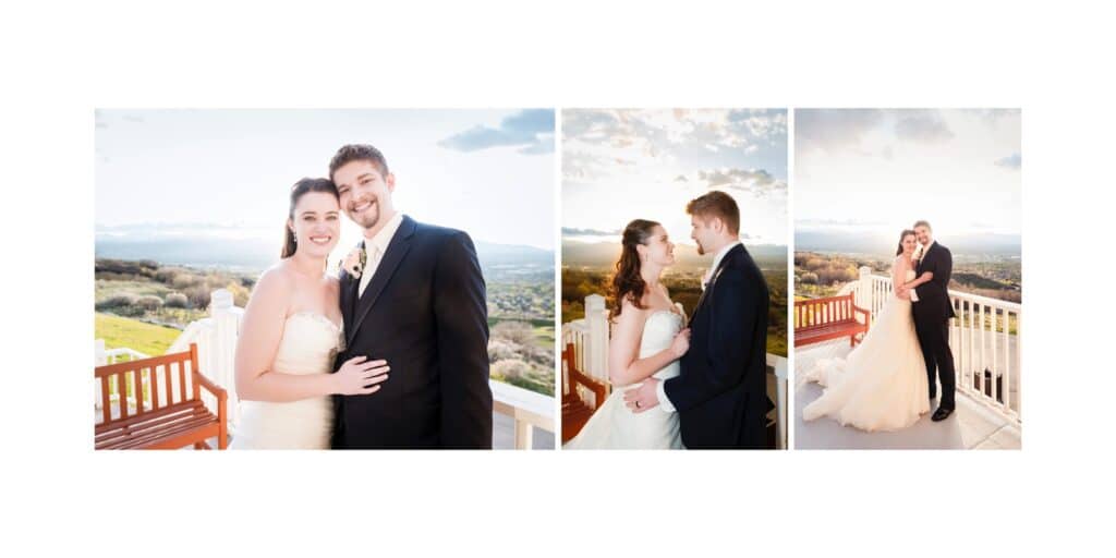 Two-page spread of a wedding album showing the bride and groom with the sun setting in the background.