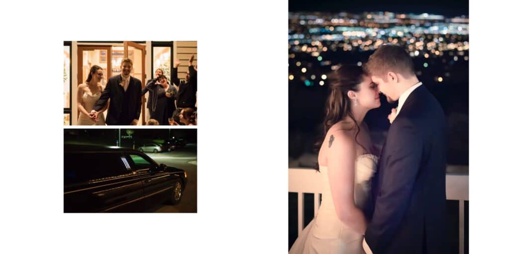 A two-page spread of a wedding album with evening photos of the bride and groom's exit, a moment together with city lights, and the departure in the limo.