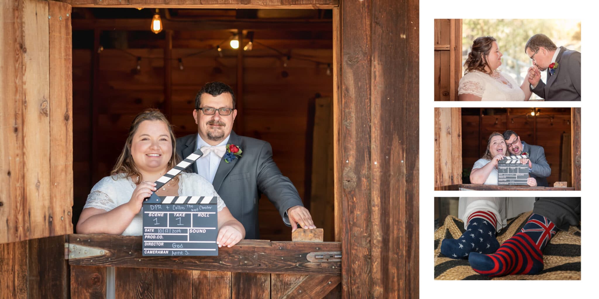 The wedding couple with a movie clapboard at Boyko Barn.
