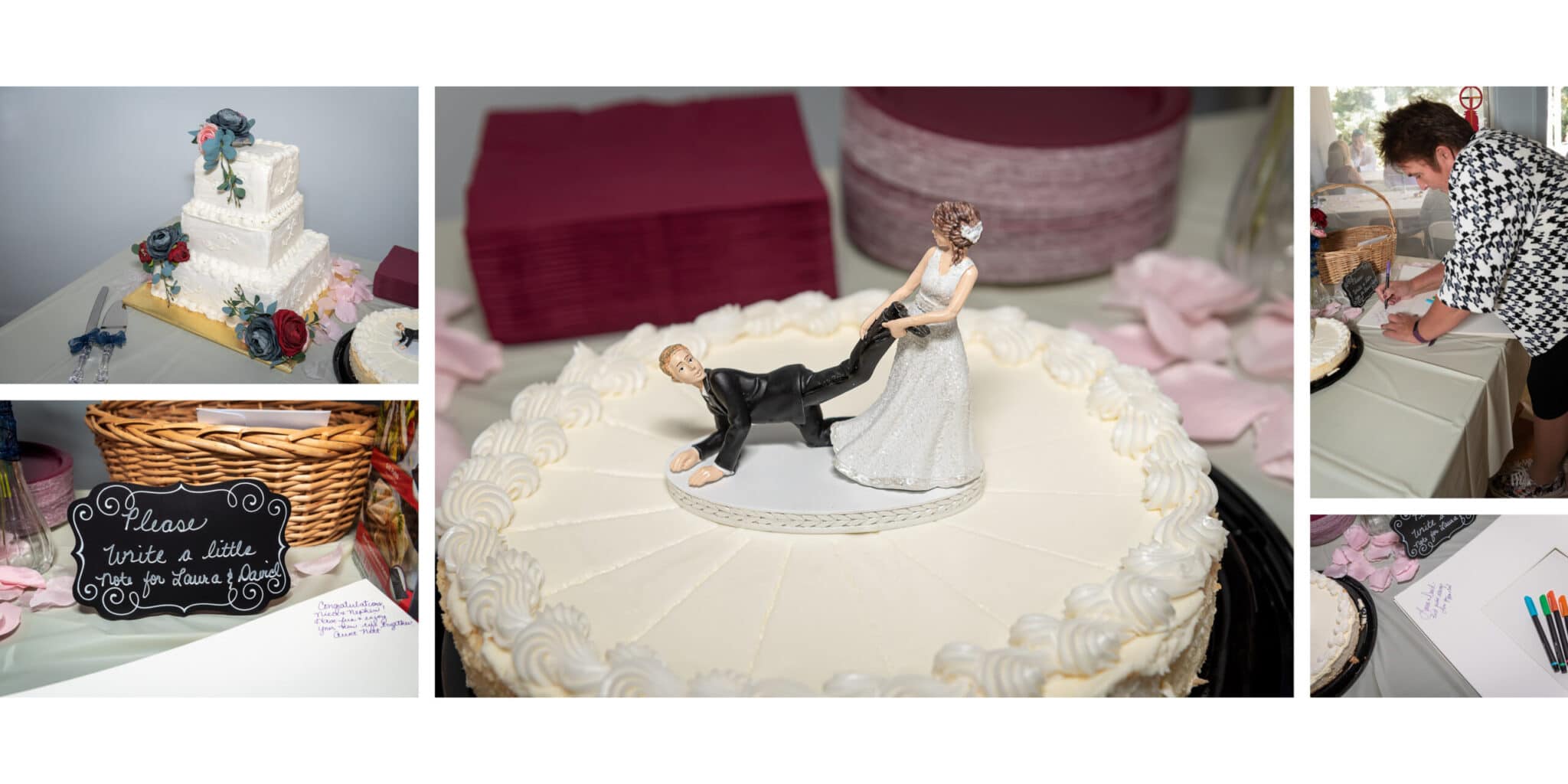 The wedding cake with humorous topper figurine of the bride pulling the leg of the groom.